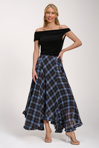 Checked Chiffon Hanky Hem Maxi Skirt, Blue Check