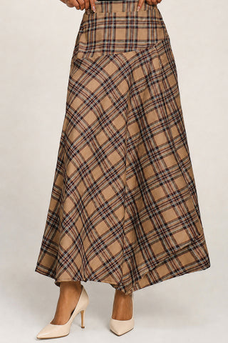 Check Asymmetric Woven Maxi Skirt, Brown Check