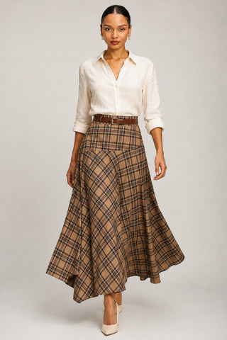 Check Asymmetric Woven Maxi Skirt, Brown Check