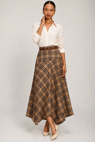 Check Asymmetric Woven Maxi Skirt, Brown Check