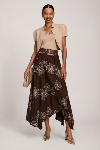 Asymmetric Embroidered Midi Skirt, Cocoa Brown