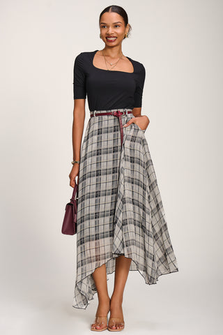 Asymmetric Frill Chiffon Maxi Skirt , Black Check