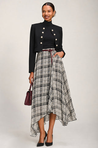 Asymmetric Frill Chiffon Maxi Skirt , Black Check