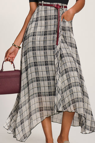 Asymmetric Frill Chiffon Maxi Skirt , Black Check