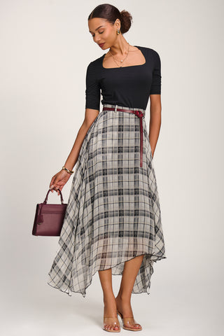 Asymmetric Frill Chiffon Maxi Skirt , Black Check