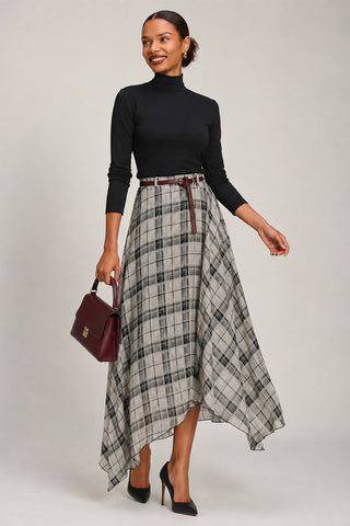 Asymmetric Frill Chiffon Maxi Skirt , Black Check