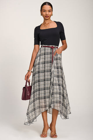 Asymmetric Frill Chiffon Maxi Skirt , Black Check