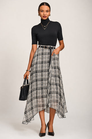 Asymmetric Frill Chiffon Maxi Skirt , Black Check