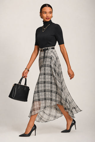 Asymmetric Frill Chiffon Maxi Skirt , Black Check