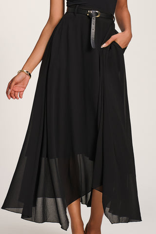 Asymmetric Frill Chiffon Maxi Skirt, Black