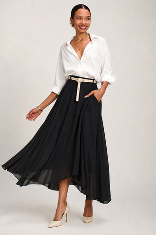 Asymmetric Frill Chiffon Maxi Skirt, Black