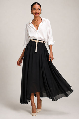 Asymmetric Frill Chiffon Maxi Skirt, Black