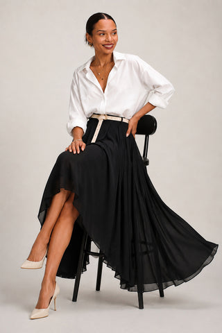 Asymmetric Frill Chiffon Maxi Skirt, Black