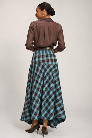 Asymmetric Check Maxi Skirt, Blue Check
