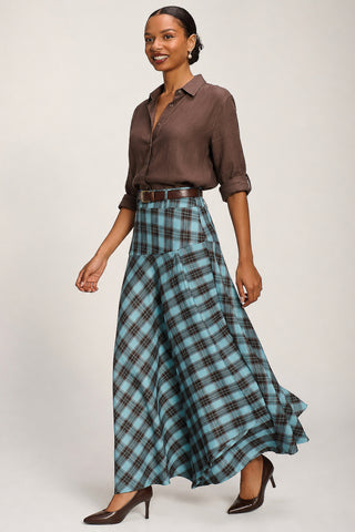 Asymmetric Check Maxi Skirt, Blue Check