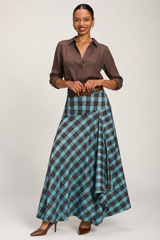 Asymmetric Check Maxi Skirt, Blue Check