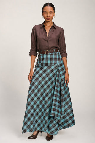 Asymmetric Check Maxi Skirt, Blue Check