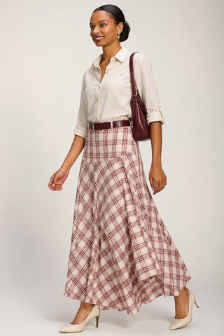 Asymmetric Check Maxi Skirt, Pink Check