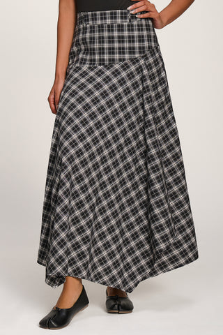 Plaid Asymmetric Maxi Skirt, Black Check
