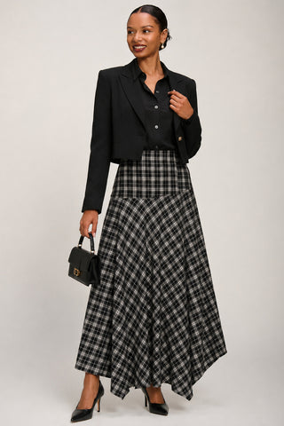 Plaid Asymmetric Maxi Skirt, Black Check