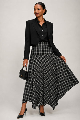 Plaid Asymmetric Maxi Skirt, Black Check