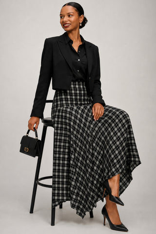 Plaid Asymmetric Maxi Skirt, Black Check