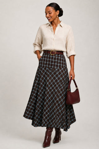 Plaid Asymmetric Maxi Skirt, Brown Check