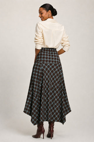 Plaid Asymmetric Maxi Skirt, Brown Check