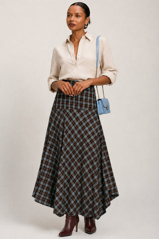 Plaid Asymmetric Maxi Skirt, Brown Check