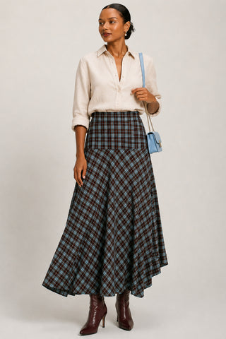 Plaid Asymmetric Maxi Skirt, Brown Check