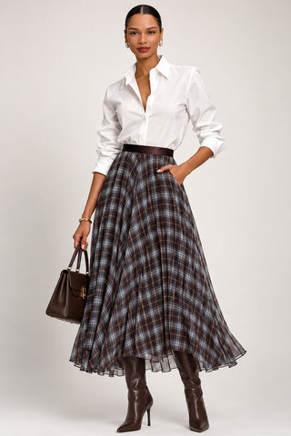 Checked Crinkle Mesh Maxi Skirt, Blue Multi
