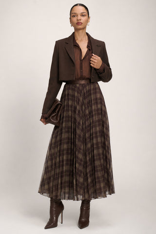 Checked Crinkle Mesh Maxi Skirt, Olive Brown