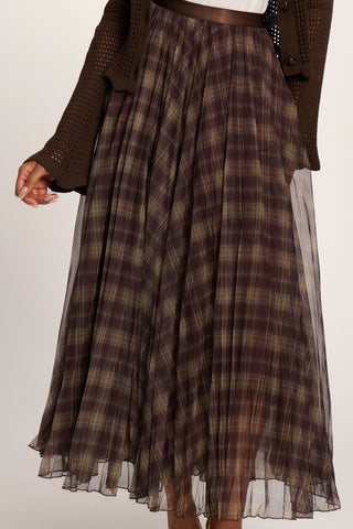 Checked Crinkle Mesh Maxi Skirt, Olive Brown