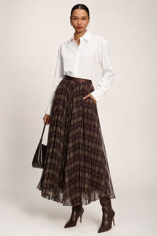 Checked Crinkle Mesh Maxi Skirt, Olive Brown