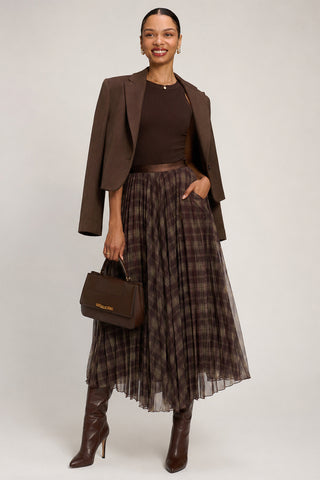Checked Crinkle Mesh Maxi Skirt, Olive Brown