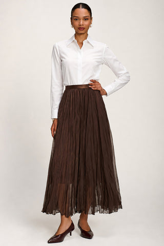Plain Crinkle Mesh Maxi Skirt, Chocolate Brown