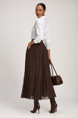 Plain Crinkle Mesh Maxi Skirt, Chocolate Brown