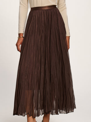 Plain Crinkle Mesh Maxi Skirt, Chocolate Brown