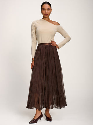 Plain Crinkle Mesh Maxi Skirt, Chocolate Brown