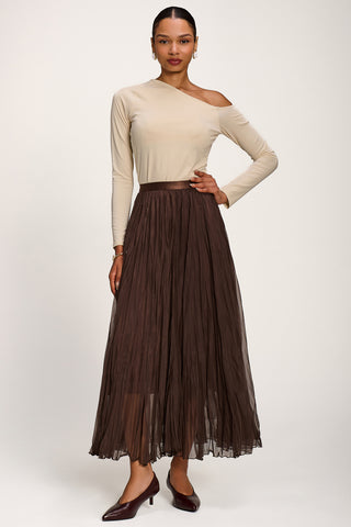 Plain Crinkle Mesh Maxi Skirt, Chocolate Brown