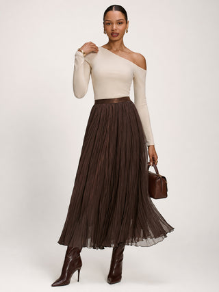 Plain Crinkle Mesh Maxi Skirt, Chocolate Brown