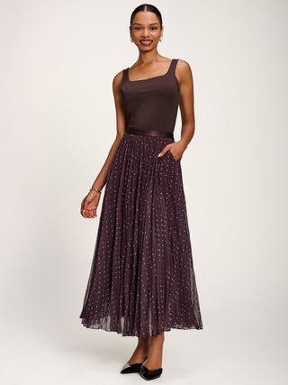 Spotty Crinkle Mesh Maxi Skirt, Brown Spot