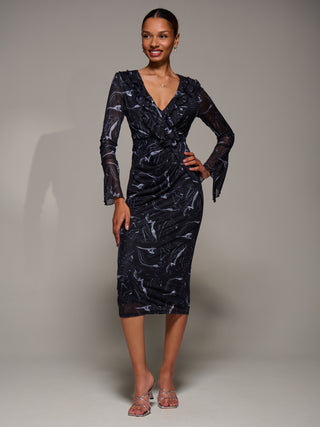 Ruffle V-Neckline Mesh Bodycon Midaxi Dress, Black Abstract
