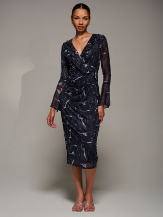 Ruffle V-Neckline Mesh Bodycon Midaxi Dress, Black Abstract