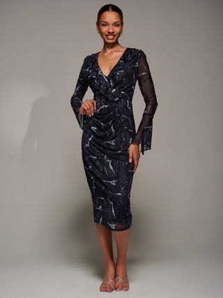 Ruffle V-Neckline Mesh Bodycon Midaxi Dress, Black Abstract