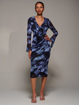 Ruffle V-Neckline Mesh Bodycon Midaxi Dress, Blue Abstract