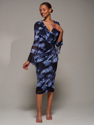Ruffle V-Neckline Mesh Bodycon Midaxi Dress, Blue Abstract