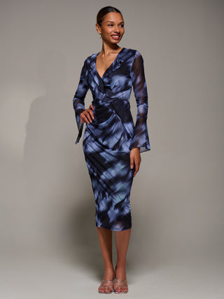 Ruffle V-Neckline Mesh Bodycon Midaxi Dress, Blue Abstract