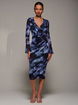 Ruffle V-Neckline Mesh Bodycon Midaxi Dress, Blue Abstract