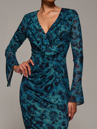 Ruffle V-Neckline Mesh Bodycon Midaxi Dress, Green Abstract